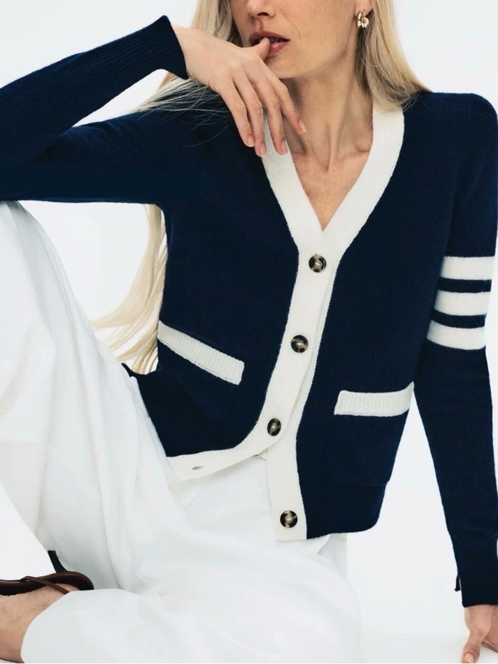 G. Label by goop 100% Virgin Wool Varsity Cardigan Sweater Blue White L